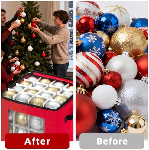 Christmas Visible Ornament Storage Box with Adjustable Dividers,Christmas Ornaments Organizer with Zipper, Storage Container Bin for Decorations(64 Ball, Red, without Tray) - Image 6