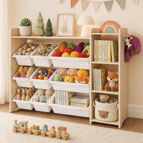 GITAWUSA Kids Bookshelf & Toy Organizer, 3-Tier Shelf/9 Bins, Natural, Pine by GITAWUSA