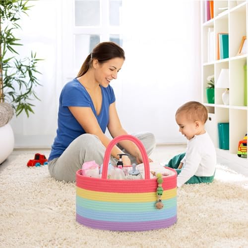 COMSE Baby Diaper Caddy Organizer with Handles, Cotton Rope, Rainbow - Image 3