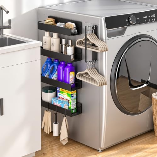 Vetacsion 4 Pack Magnetic Laundry Organizer, Heavy Duty Magnetic Shelf For Washer And Dryer, White, Iron (5‑Pack Magnetic Shelves with Hanger & Hooks) - Image 7