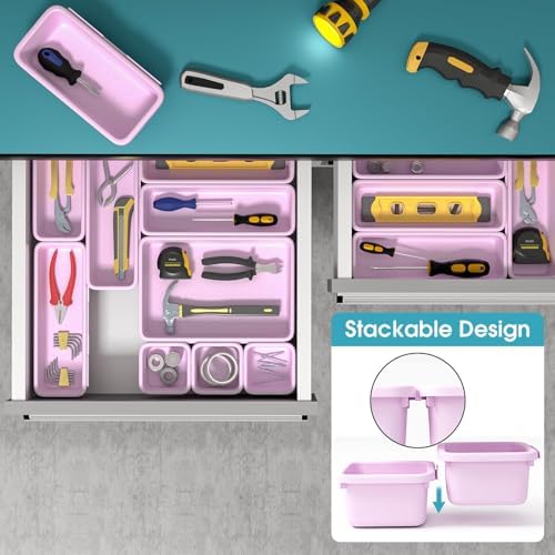 16 PCS Drawer Organizer Set, 4 Size Makeup Drawer Divider Organizer With Non-Slip Pads, Interlocking Plastic Storage Bins for Office,Jewelry Vanity,Gadgets, Bathroom,Kitchen, Purple - Image 5