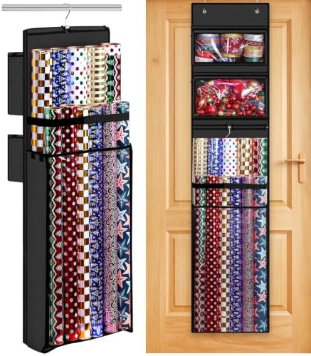 Hanging Wrapping Paper Organizer Storage, Over Door Gift Wrap Roll Holder by WOODOULOGY