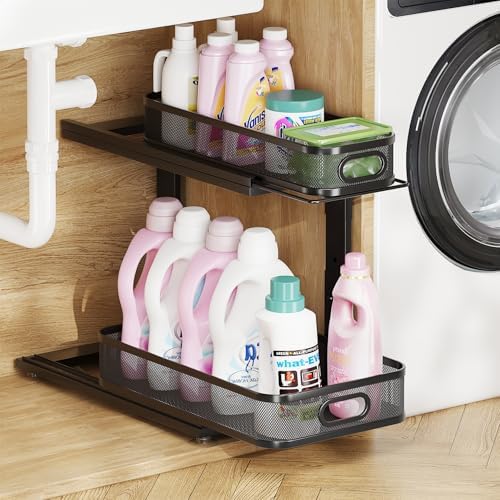 1 Pack-16"D Under Sink Storage Organizer with 2-Tier Slide Out Drawer, Sophisticated Mesh Pull Out Shelf for Kitchen & Bathroom, Fits Small Items, Upgraded Arched Track for Smooth Gliding-Black by UnderSinkOrganizer