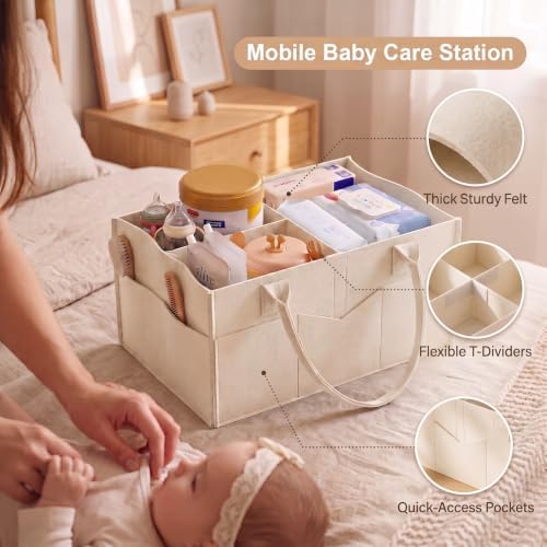 3 Tier Baby Diaper Caddy Cart with Removable Dividers and Wheels,Off-White - Image 2