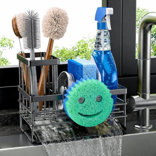 Cisily Sink Caddy Sponge Holder for Kitchen with Brush Holder and Stainless Steel Self Drain Tray, Rustproof Kitchen Sink Organizer for Sponge, Soap Dispenser Storage Accessories by CISILYHOMELIFE
