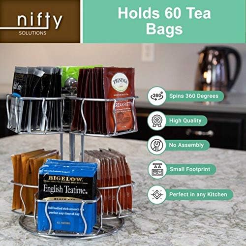 Nifty Tea Bag Spinning Carousel – 6 Compartments, Up to 60 Tea Bags Storage, Spins 360-Degrees, Lazy Susan Platform, Modern Chrome Design, Home or Office Kitchen Counter Organizer - Image 4