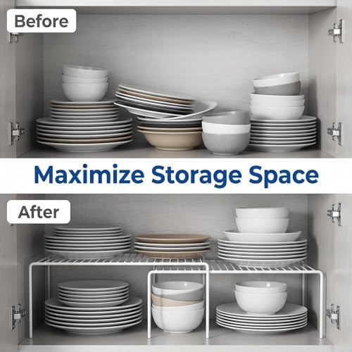 iPEGTOP Set of 2 Kitchen Cabinet Shelf Organizer, Medium (13 x 9.4 Inch) Bathroom Cabinet Organization Wire Shelf Rack, Rustproof Storage Space Saver Shelves for Countertops Pantries Utensils -White - Image 7