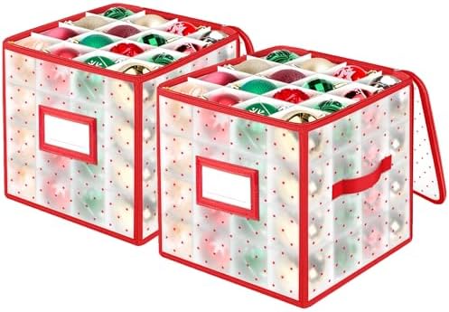 BlessedSeason Christmas Ornament Storage Box With Adjustable Dividers, Store up to 64 of 3-inch or 36 4-inch Christmas Ornaments, Xmas Ornaments Storage with Zippered Closure & Two Handles, 2 Pcs by Unknown