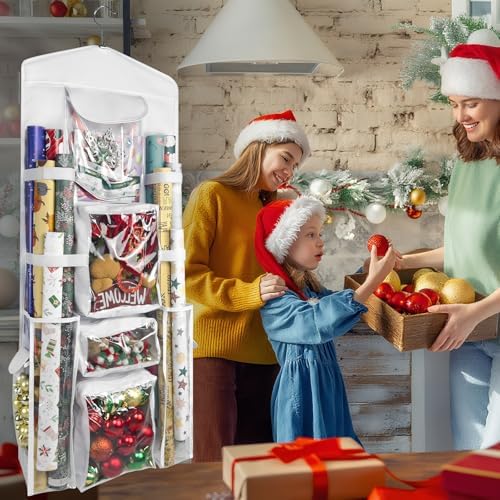 Wrapping Paper Organizer, Double-Sided Hanging, Over Door Gift Wrap Storage with Multiple Pockets, Side Pockets, Elastic Straps, Organize Ribbons, Bows, Tools, Space-Saving Closet,Cabinet Design,White - Image 3