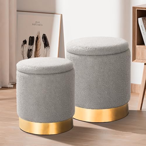 Round Ottoman with Storage Set of 2 Gray Teddy Vanity Stool - Image 6