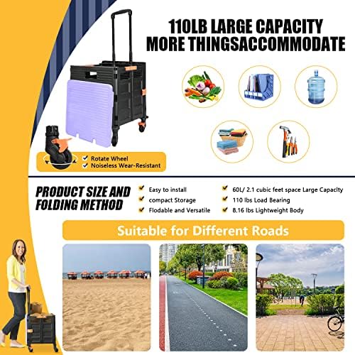 Foldable Utility Cart Portable Rolling Crate Handcart Shopping Trolley Collapsible Tool Box with Rotate Wheels Durable Duty Plastic Telescoping Handle Lid for Travel Move Office School(Purple) - Image 3