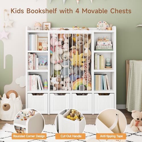 ONBRILL 3-in-1 Toy & Stuffed Animal Storage, 4 Movable Toy Chest, White - Image 4