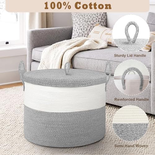 21" x 18" Extra Large storage baskets,Decorative blanket basket with lid for Living room,rope baskets with lid,wicker hamper for bedroom,Big,Round,White & Grey 115L - Image 4