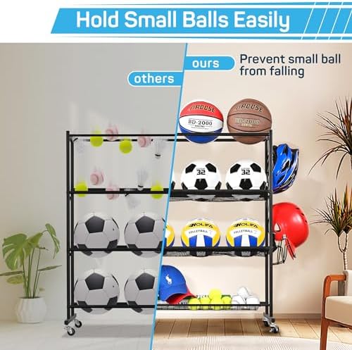 4-Tier Basketball Rack with Wheels, Ball Storage Organizer for Garage - Image 3