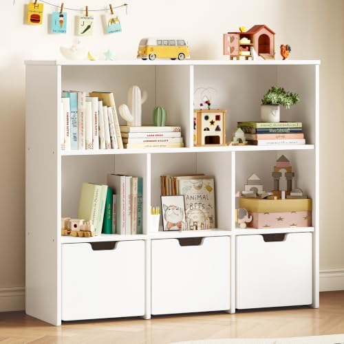 EXPERLAM Toy Storage Organizer, Wooden Kids Bookshelf and Toy Organizer with 3 Rolling Drawers, 5 Storage Cubes, Montessori Playroom Storage Cabinet, White by EXPERLAM