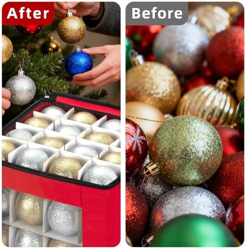 inin Christmas Ornament Storage Box with Adjustable Dividers,Christmas Ornaments Organizer with Zippered Top,Storage Container Bin for Holiday Decorations(64 Ball, Red, Without Tray) - Image 5