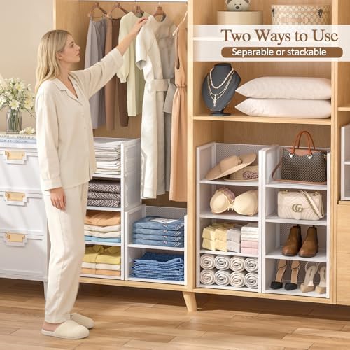 2-Tier Stackable Closet Organizers and Storage Basket, Wire Clothes Shelf Organizer Bins, Sweater Storage for Wardrobe Cupboard, Multifunctional Cube Storage Box for Kitchen Bath Laundry Room, White - Image 5