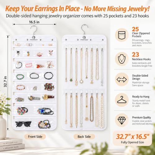 Freegrace Hanging Jewelry Organizer, 25 Zippered Pockets, 23 Necklace Hooks - Image 2