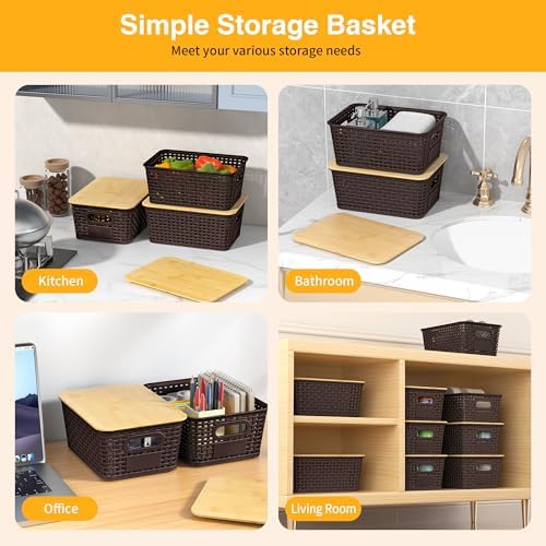 6 Pack Plastic Storage Baskets,Brown bamboo lid storage Box - Image 4