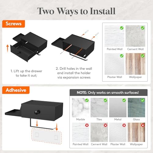 Lifewit Toilet Paper Holder Wall Mount with Shelf & Drawer, Black, 1 Pack - Image 6