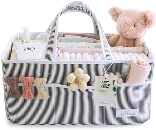 Lily Miles Baby Diaper Caddy Organizer, Girl Nursery Storage Basket with 8 Pockets, Baby Organizer and Storage, Easy-to-Clean Fabric, Large, Pink Blush by LilyMiles