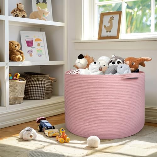 MEGASKET 115L Oversized Pink Basket, 23.6"x15.7" Woven Cotton Rope Bin with Handles, XXXL Blanket Storage for Living Room, Kids Toy Storage Bin Box, Baby Laundry Basket for Organizing, Pink Room Decor - Image 6
