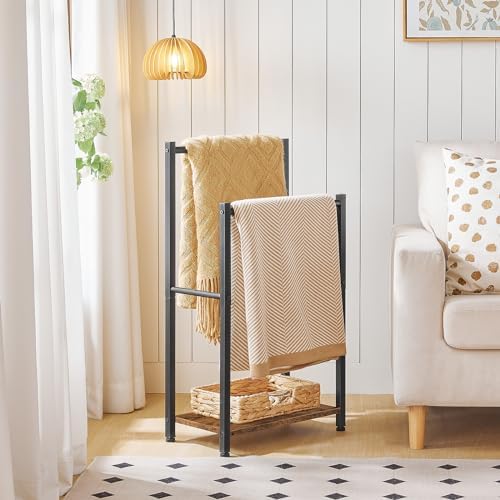 HOOBRO Free Standing Towel Rack for Bathroom, 2 Tier Blanket Rack, 16.5" L x 9.4" W x 31.5" H, Blanket Holder, Drying and Display Rack with Shelf, Rustic Brown and Black BF02LB01 - Image 5
