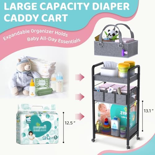 2IN1 Baby Diaper Caddy Organizer-3 Tier Rolling Storage Cart with Dividers - Bedside Diaper Caddy Cart for Baby Nursery Newborn Essentials-Mobile Utility Carts with Wheels for Changing Table - Image 3