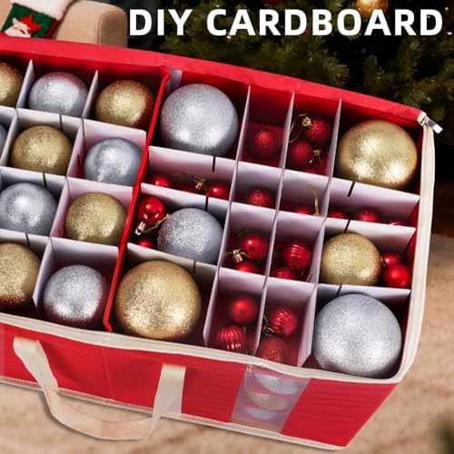 Christmas Visible Ornament Storage Box with Adjustable Dividers/Side Pockets,Ornaments Organizer with Zipper, Storage Container Bin for Christmas Decorations(128 Ball, Red, without Tray) - Image 7