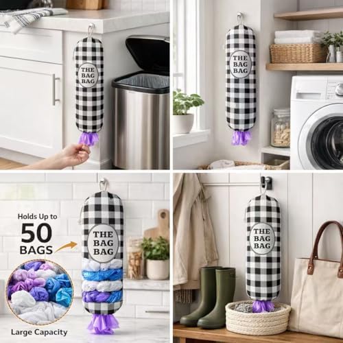 THE BAG BAG Plastic Bag Holder, Black and White Buffalo Check Plaid Grocery Bag Dispenser, Hanging Trash Bag Storage Organizer for Kitchen, Laundry Room, Pantry, Farmhouse Decor, Gifts For Grandma Mom - Image 2