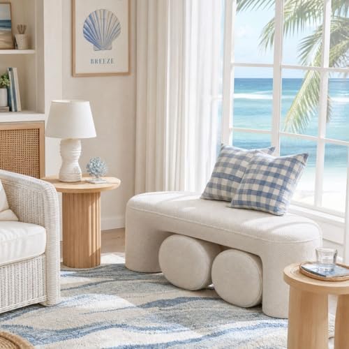 53" Chenille Ottoman Bench with 2 Nesting Ottomans, White - Image 5