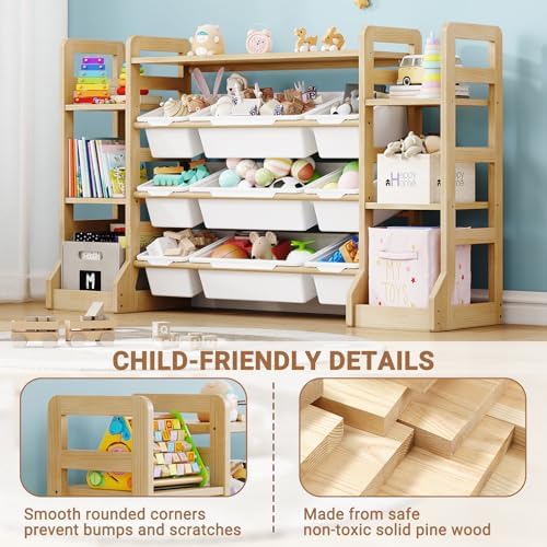 Toy Storage Organizer with 6 Bookshelf and 9 Bins, Solid Wood - Image 3