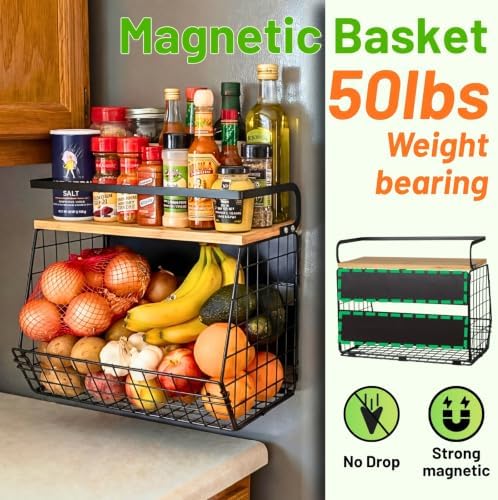 2 Set Magnetic Shelf for Refrigerator with Wood Lid, Fruit Potato & Onion Storage Bins, Pantry Organizers & Storage, Large Container Magnetic Spice Rack for Refrigerator, Kitchen Counter, Cabinet - Image 2