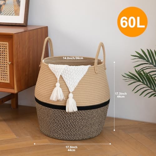 OIAHOMY 60L Blanket Basket with Handle, Storage Basket for Living Room, Laundry Hamper for Clothes, Towels, Pillows, Toy Storage for Kids and Dogs, Baby Hamper for Nursery - Brown & Black - Image 2