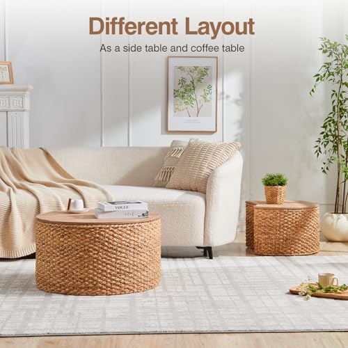 Round Nesting Coffee Table Set of 2 with Storage - Handwoven Wicker Rattan Ottoman Style, Boho Coastal Coffee Tables for Living Room, with Cover & Soild Wood Frame, Natural - Image 5