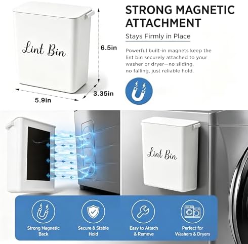 Magnetic Lint Bin with Lid for Laundry Room, Compact Plastic Dryer Lint Holder, Small Laundry Trash Container for Dryer Lint & Used Dryer Sheets, Space Saving Storage Decor Organizer (White) - Image 2