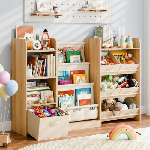 Kids Bookshelf and Toy Storage with 7 Removable Bins, 51 inch, Burlywood by IKALIFE