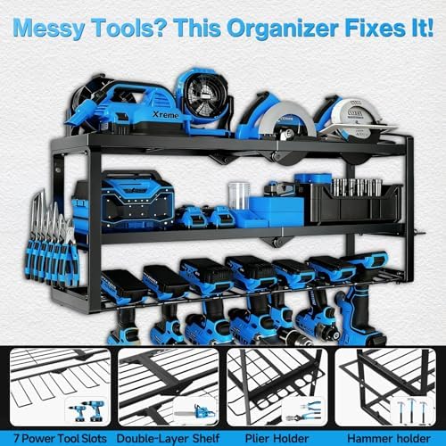 Heavy Duty Power Tool Organizer Wall Mount - 3 Tier Metal Tool Rack with 7 Drill Holders, 300LB Capacity for Garage, Workshop, Pegboard Storage - Image 5