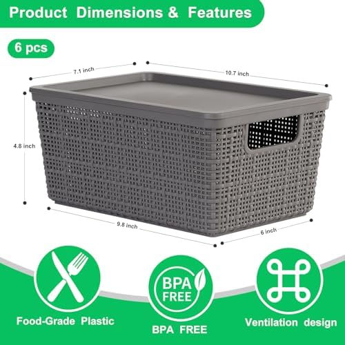 6 Pack Plastic Storage Baskets with Lid,Grey Stackable Bins - Image 3