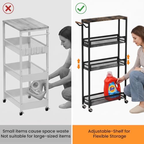 Vincona Extra Slim Storage Cart with Adjustable Shelf, 4 Tier 5.1" Narrow Rolling Utility Cart with Wooden Tabletop, Small Metal Mobile Shelf Unit Organizer Trolley for Laundry, Bathroom, Kitchen - Image 2