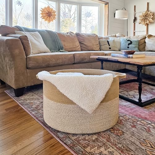 INDRESSME XXXLarge Woven Wicker Blanket Basket Living Room White Jute, 90L - Image 2