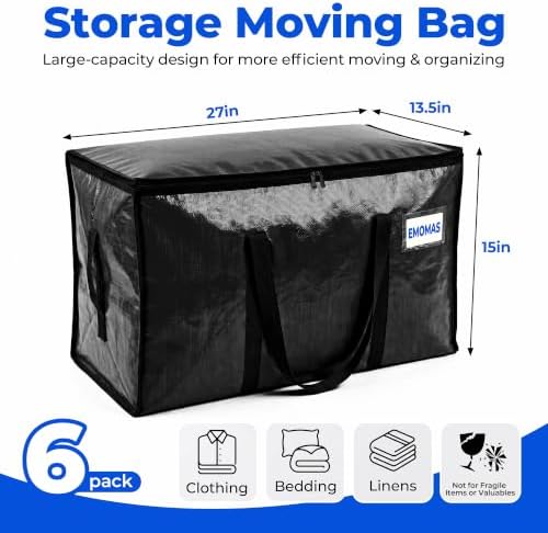 6 Pack Heavy Duty Moving Bags, Extra Large with Handles, Black - Image 2