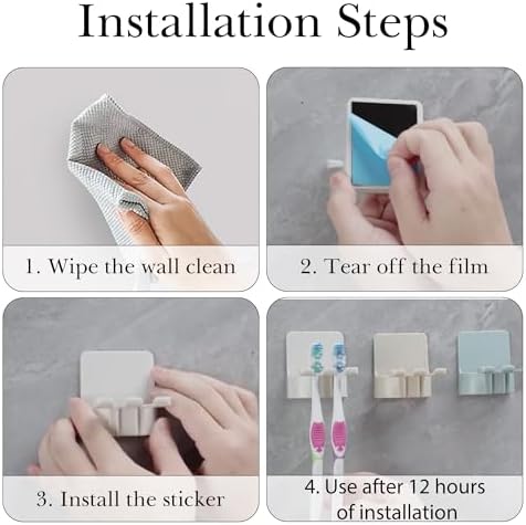 2 PCS Self-Adhesive Toothbrush Holders Wall Mounted, Water Proof Toothbrush Hook, 3 in 1 with Toothbrush Hanger Toothpaste Holder and Gargle Cup Holder for Bathroom Shower (Beige) - Image 3