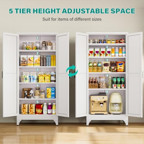 SISESOL 71" Tall Pantry Cabinet,Farmhouse Kitchen Pantry Storage Cabinets with 2 Doors and 5 Shelves,White Metal Storage Cabinet,Large Cupboard for Home,Kitchen,Dining/Living Room - Image 4