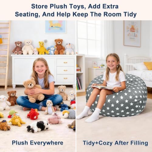 Lukeight Stuffed Animal Storage Bean Bag Chair Cover for Kids, Velvet Plush Toy Organizer Seat, Cover Only, No Filling Included, Long YKK Zipper, Side Pocket, X-Large 30"D x 18"H - Image 3