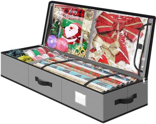 Fabspace Christmas Wrapping Paper Storage Containers, 40 Inch Gift Wrap Organizer, Visible Supplies Pockets for Xmas Accessories, Underbed Storage for Christmas Decorations, Grey by Fabspace