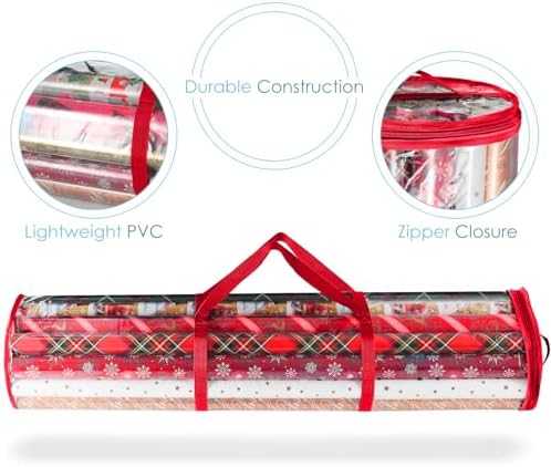 Hearth & Harbor Wrapping Paper Storage Container and Clear Wrap Paper Holder - Christmas Storage Bag with Interior Pockets - Fits Up to 36 Rolls of 40" - Tear Proof, Red - Image 5