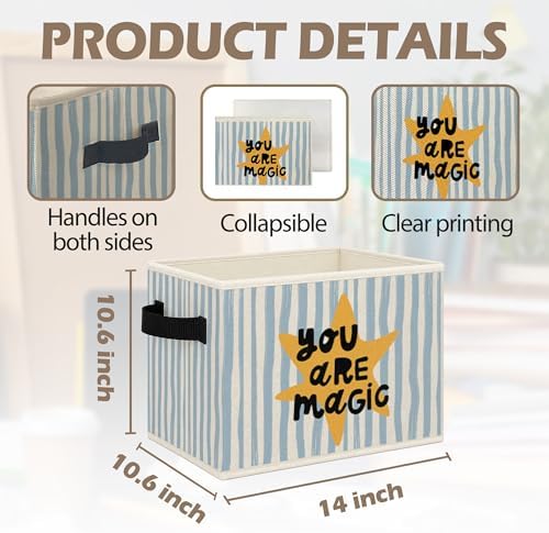 Boho Nursery Foldable Storage Bins Box with Handles, You Are Magic Retro Blue Striped Collapsible Toys Books Clothes Organizer Basket for Kids Nursery Room Bedroom Bathroom Classroom - Image 7