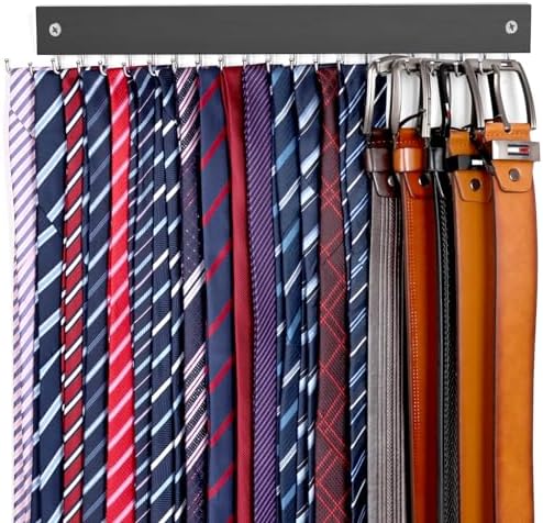 【2 in 1】 Tie Rack Belt Organizer Wall Mounted, Space Saving Tie Hanger for Closet with 20 Storage Hooks, Belt Holder for Closet Organizer Storage by OTECKK