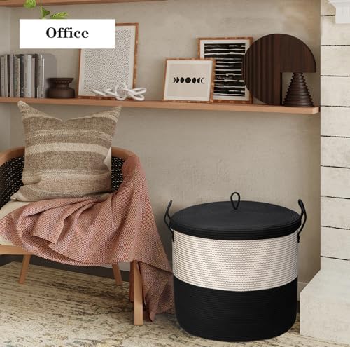 21" x 18"Extra Large storage baskets,Eco-friendly rope baskets with lid,blanket basket living room with lid,hampers for bedroom,big,round, Black 115L - Image 6